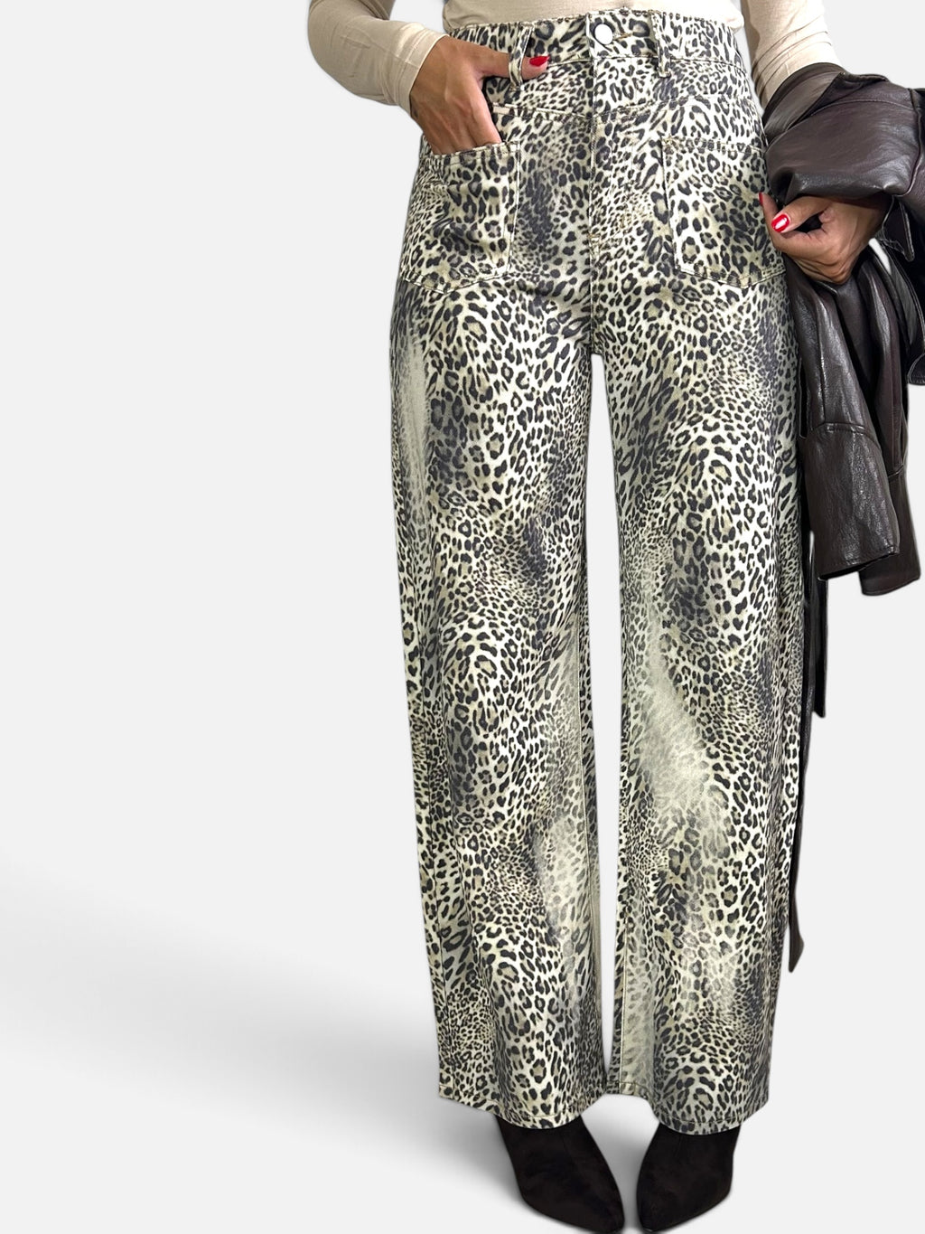 Pantalone effetto denim animalier Beige