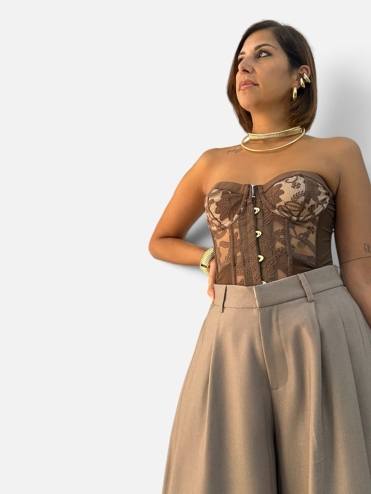 Bustier in pizzo e tulle Marrone