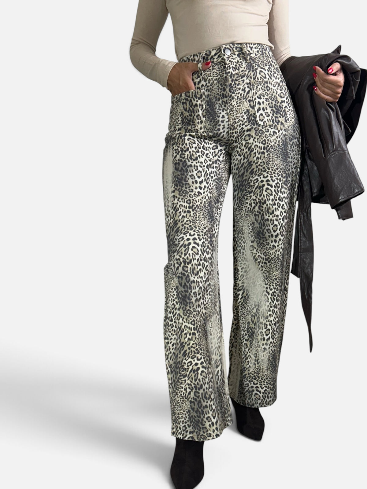 Pantalone effetto denim animalier Beige