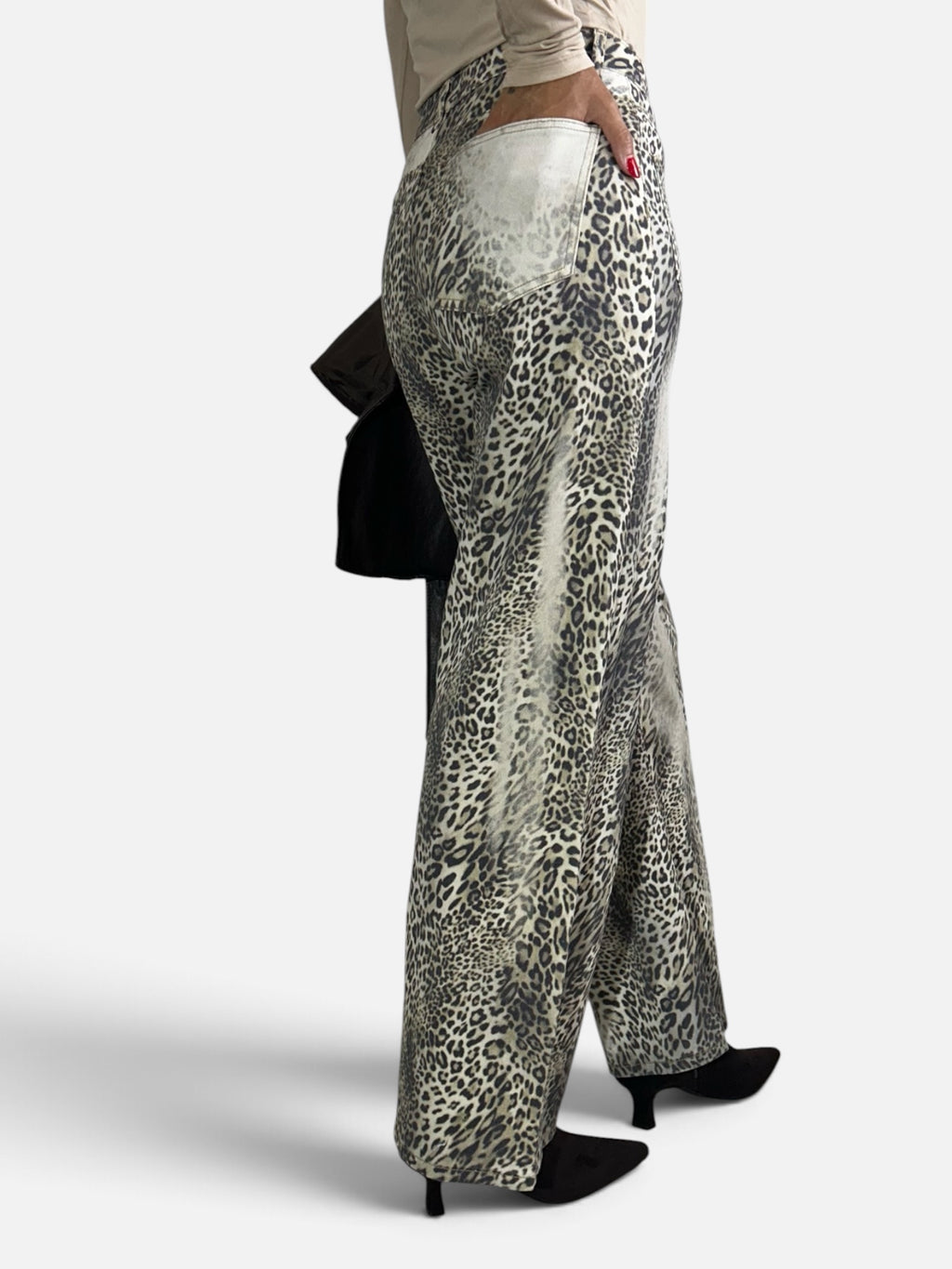 Pantalone effetto denim animalier Beige