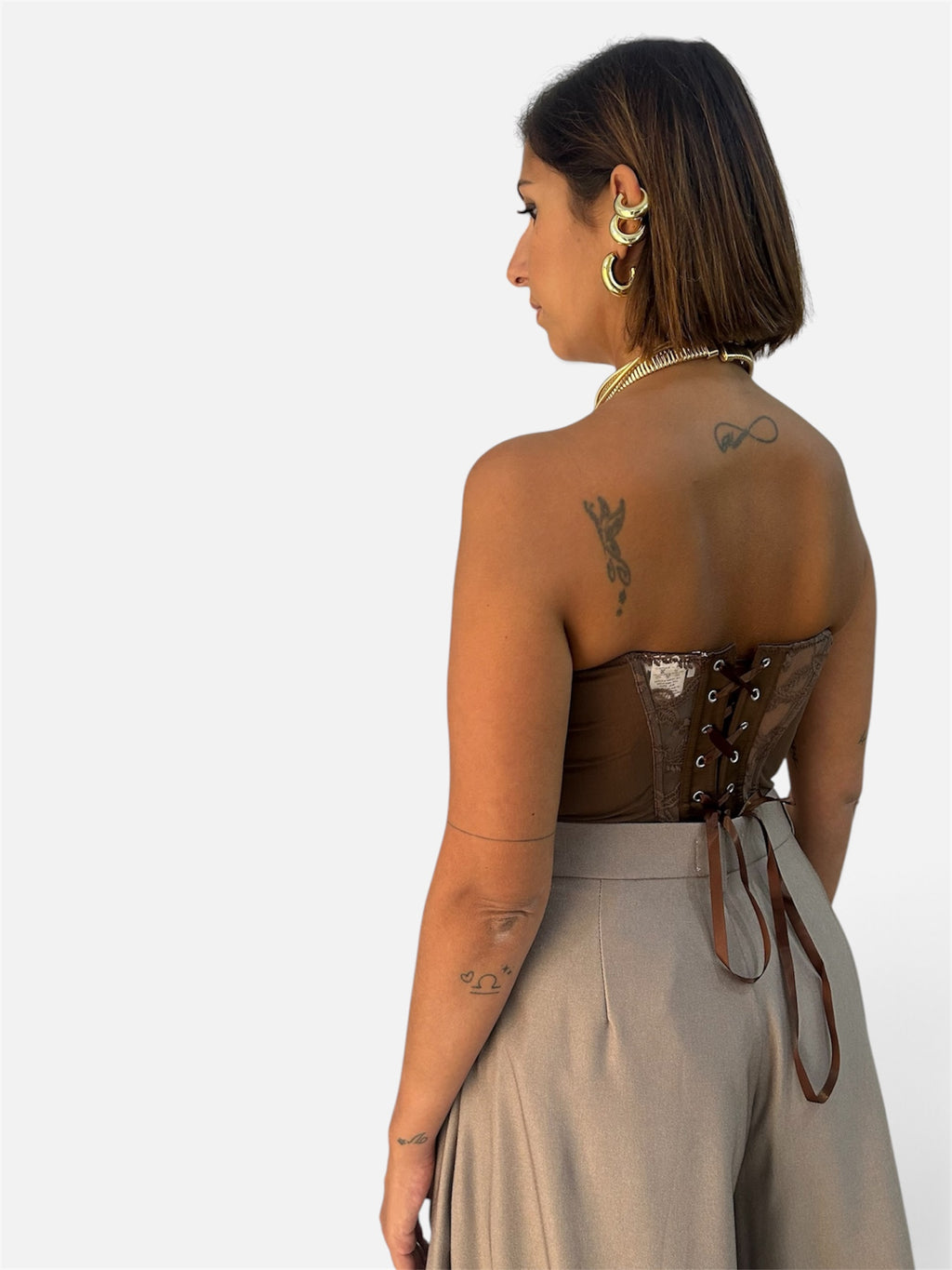 Bustier in pizzo e tulle Marrone