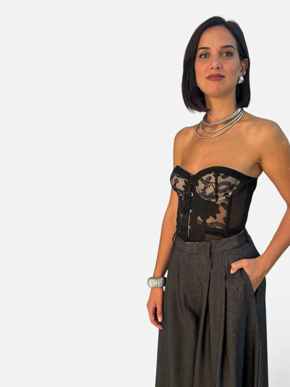 Bustier in pizzo e tulle Nero