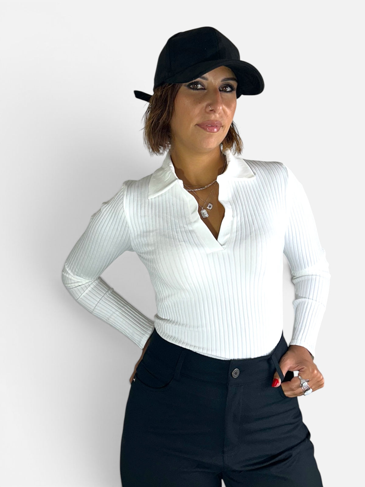 Maglia in costina con colletto Bianca