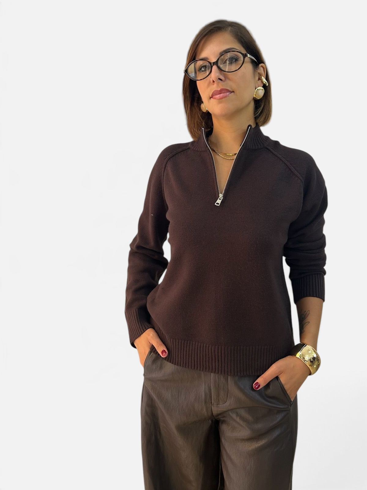 Maglia zip Marrone