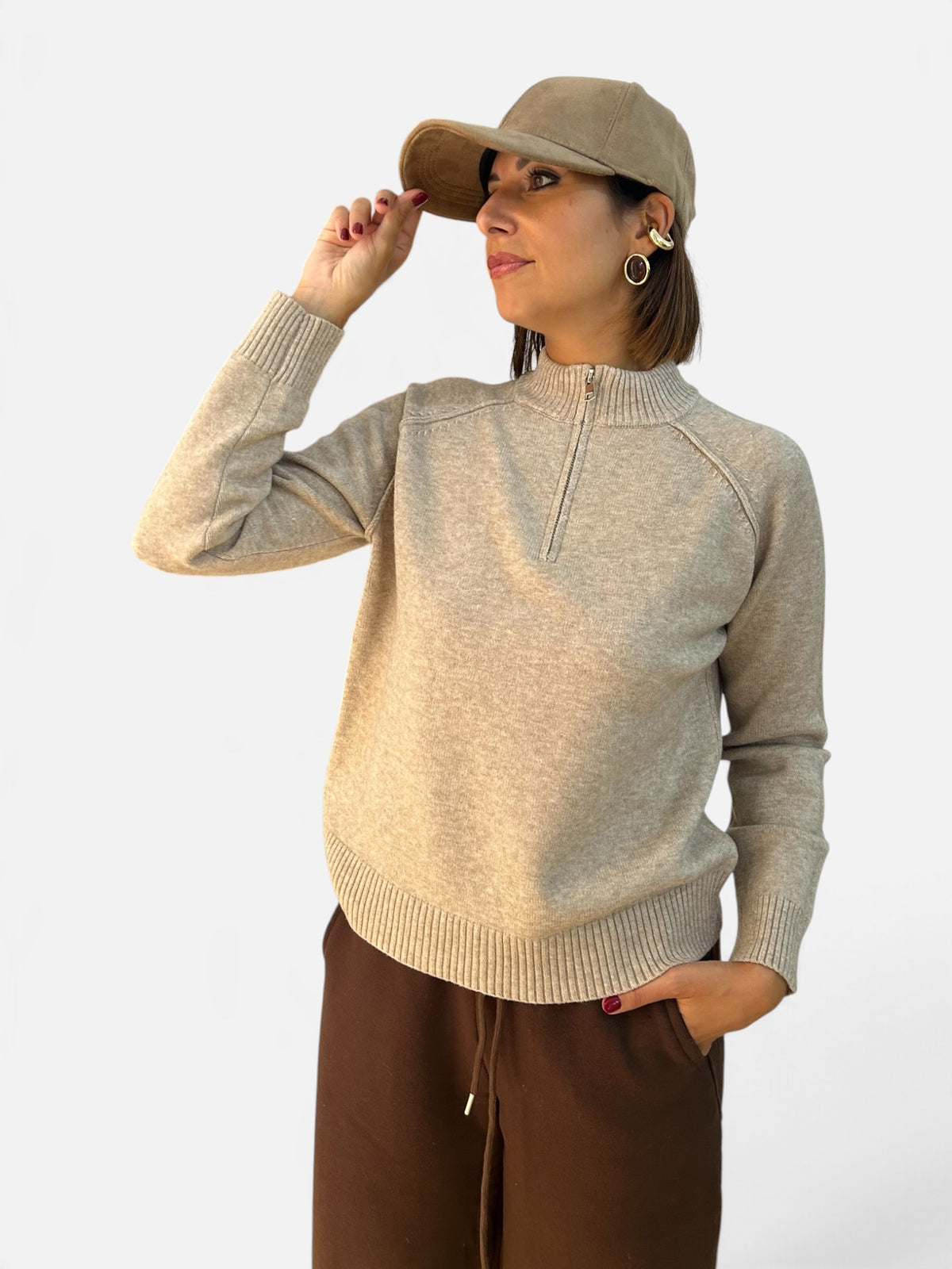 Maglia zip Beige