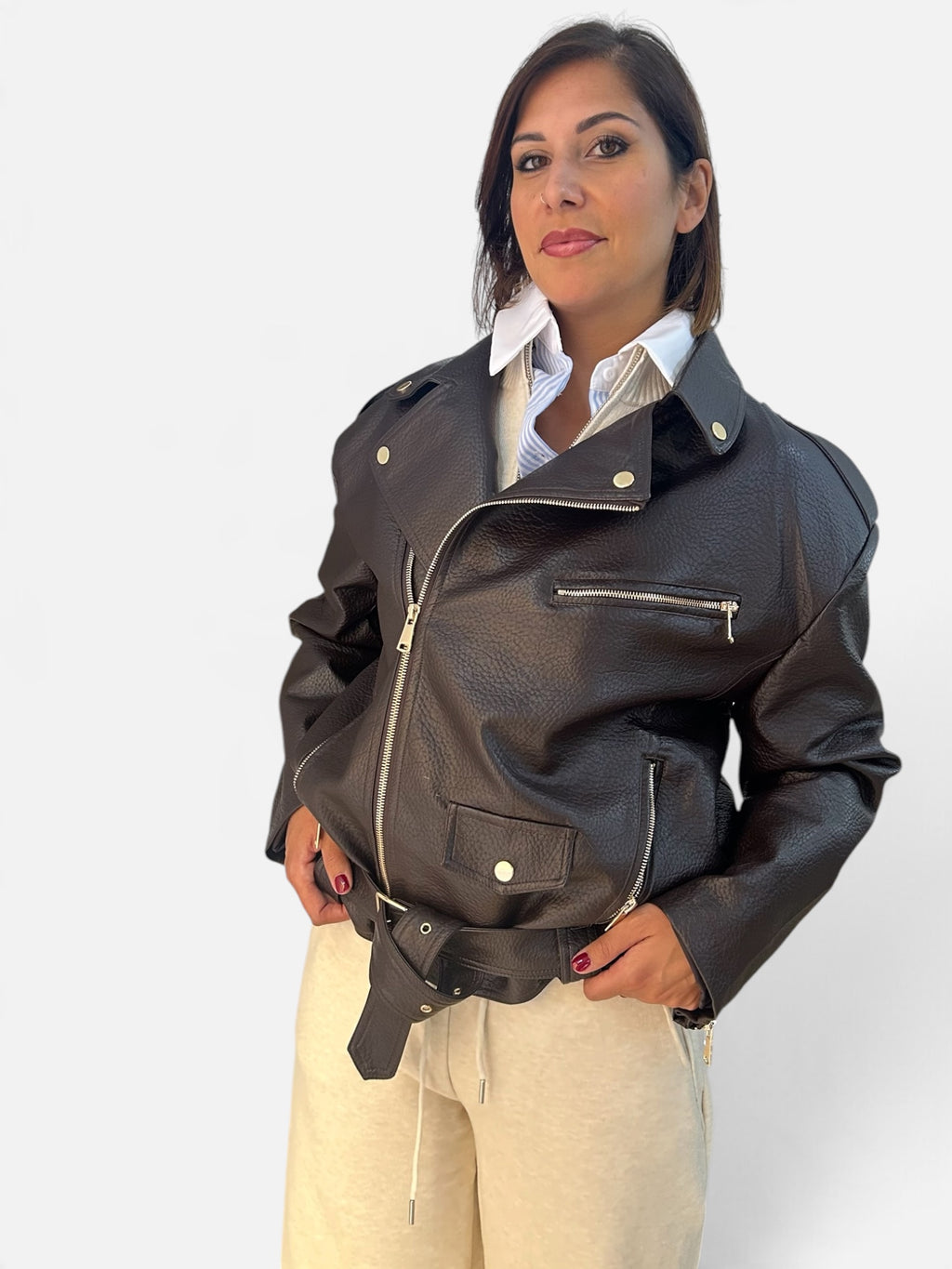 Giubbotto Biker in ecopelle  Moka martellato