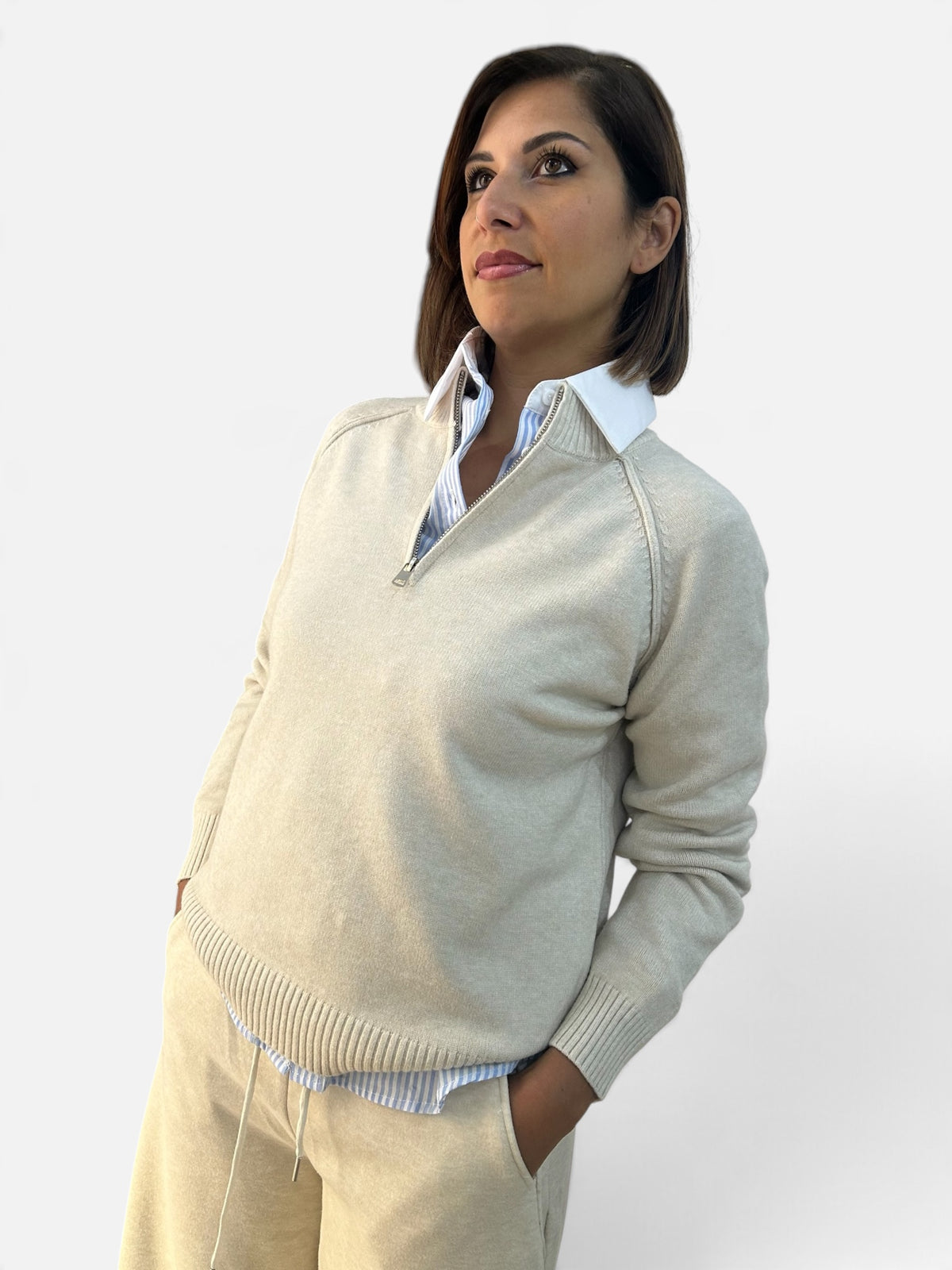 Maglia zip Panna